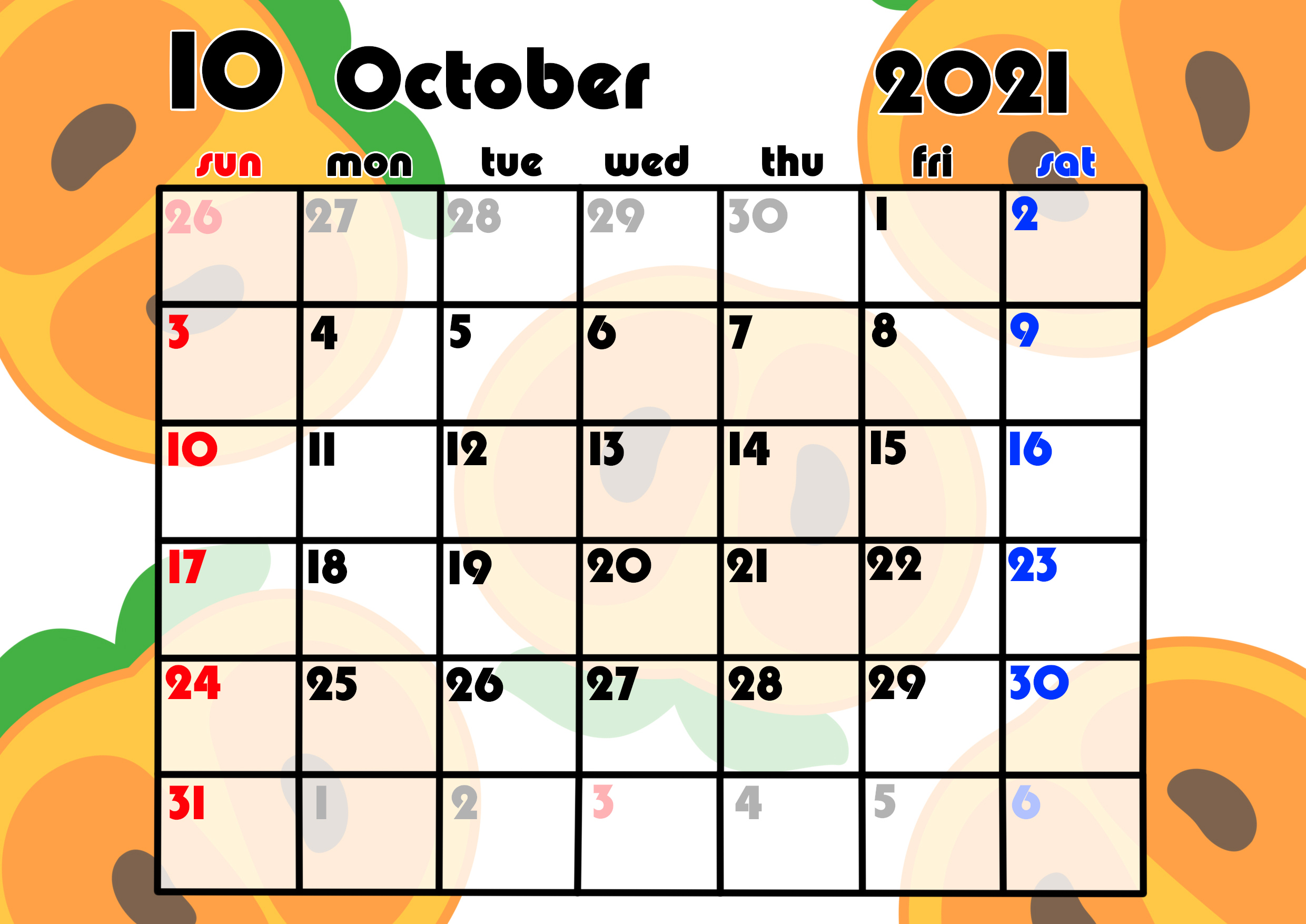 2021年月間カレンダー　果物　フルーツ　令和3年10月　柿