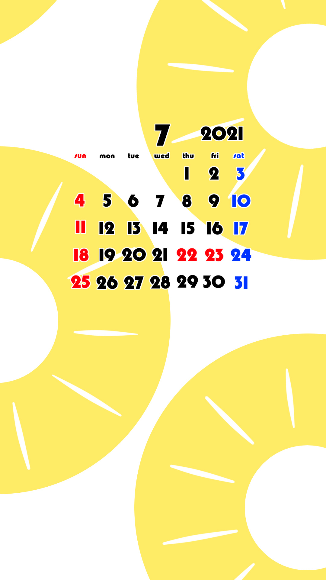 2021年　果物　フルーツ　スマホ壁紙待ち受けカレンダー　iPhone　Android　令和3年7月　パイナップル