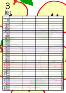 2021年家族カレンダー　無料ダウンロード　果物　フルーツ　4人用　令和3年3月りんご