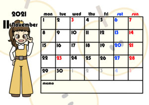 2021年月間カレンダー　季節の果物　女の子　月曜始まり　令和3年11月