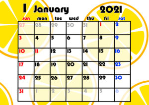2021年月間カレンダー　果物　フルーツ　令和3年1月　オレンジ
