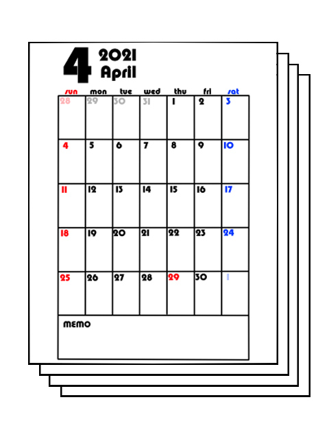 4月始まり月間カレンダー 21年 シンプル 日曜始まり 無料ダウンロード 印刷 かくぬる工房