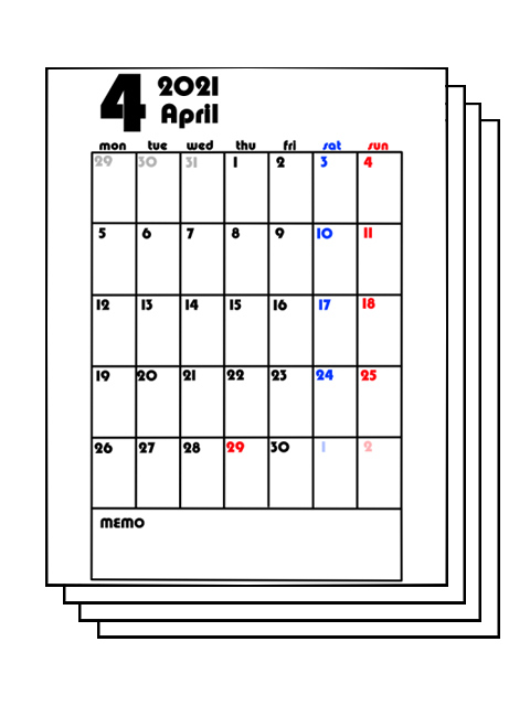 4月始まり月間カレンダー 令和3年 シンプル 月曜始まり 無料ダウンロード 印刷 かくぬる工房