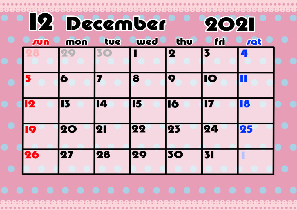2021年月間カレンダー　かわいい　日曜始まり　令和3年12月