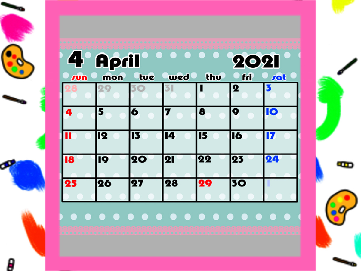 令和3年ガーリー月間カレンダー　4月始まり　日曜始まり　無料ダウンロード・印刷