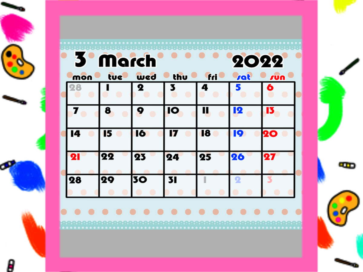 2021年ガーリー月間カレンダー　4月始まり　月曜始まり　無料ダウンロード・印刷