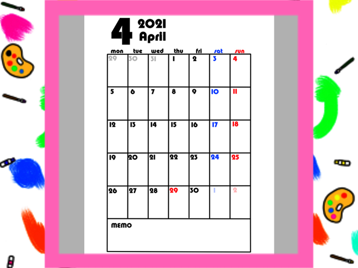 4月始まり月間カレンダー　令和3年　シンプル　月曜始まり　無料ダウンロード・印刷