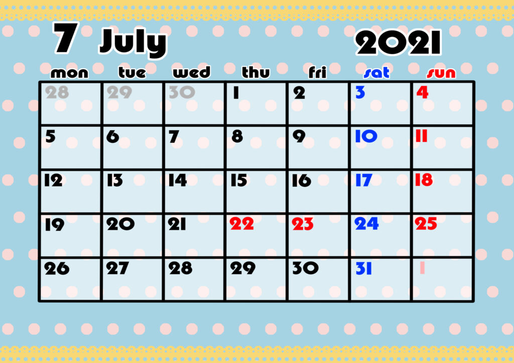2021年月間カレンダー　かわいい　月曜始まり　令和3年7月