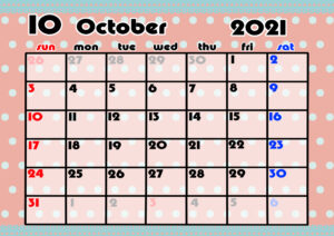 2021年月間カレンダー　かわいい　日曜始まり　令和3年10月