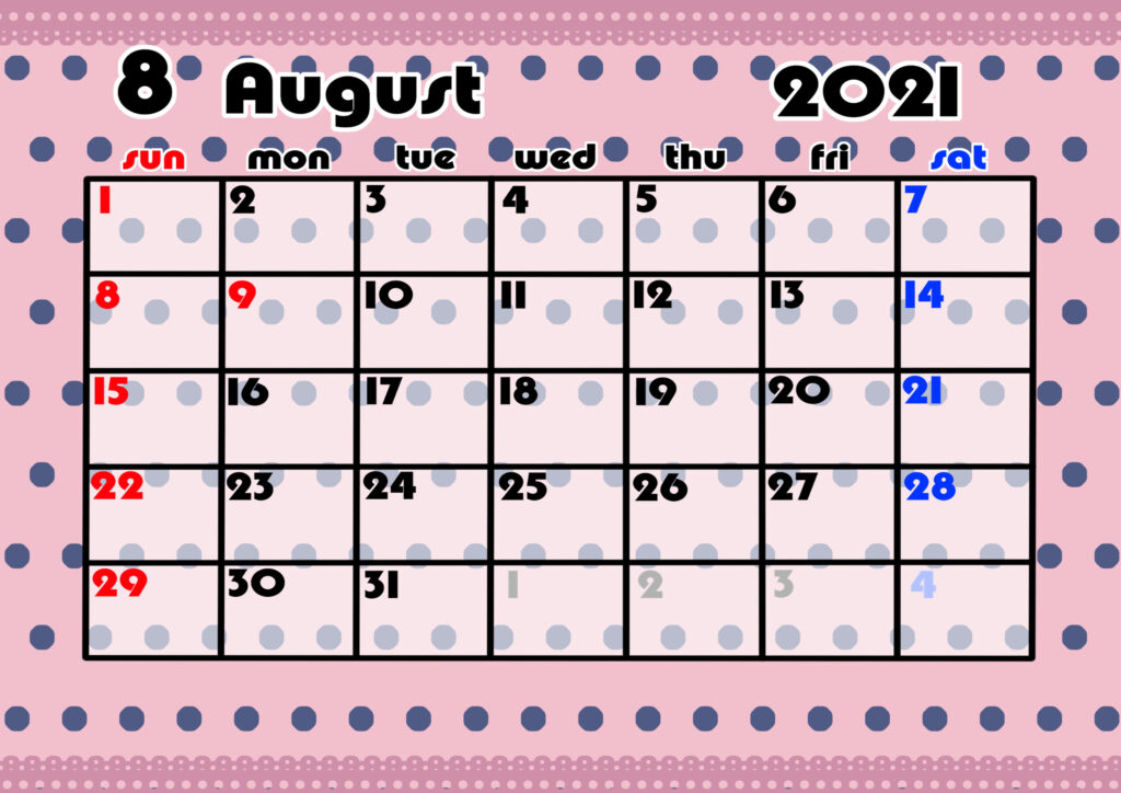 2021年月間カレンダー　かわいい　日曜始まり　令和3年8月