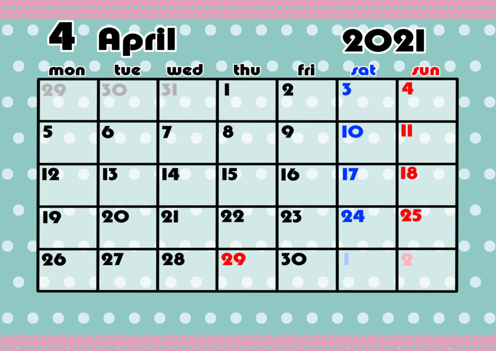 2021年月間カレンダー　かわいい　月曜始まり　令和3年4月