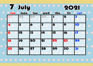 2021年月間カレンダー　かわいい　日曜始まり　令和3年7月