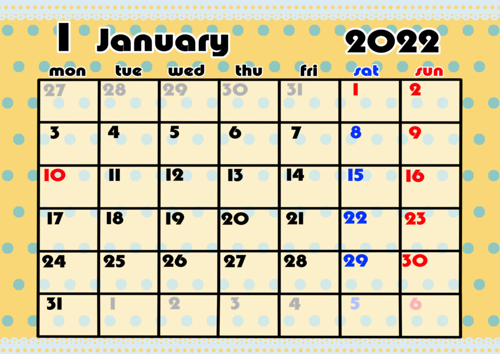 2021年月間カレンダー　かわいい　月曜始まり　令和4年1月
