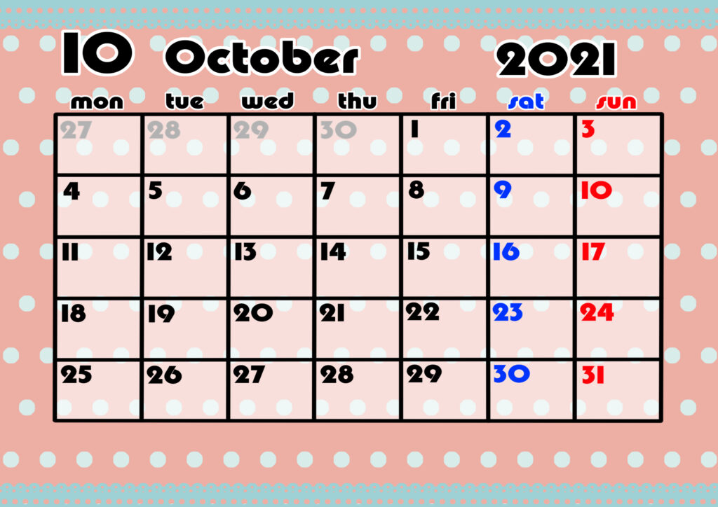 2021年月間カレンダー　かわいい　月曜始まり　令和3年10月