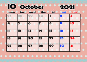 2021年月間カレンダー　かわいい　月曜始まり　令和3年10月