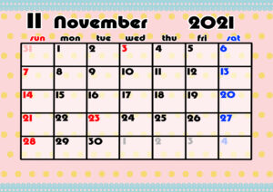 2021年月間カレンダー　かわいい　日曜始まり　令和3年11月