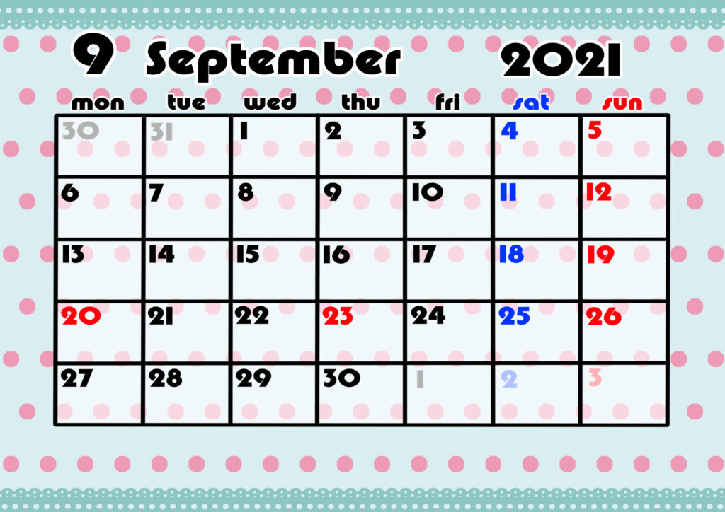 2021年月間カレンダー　かわいい　月曜始まり　令和3年9月