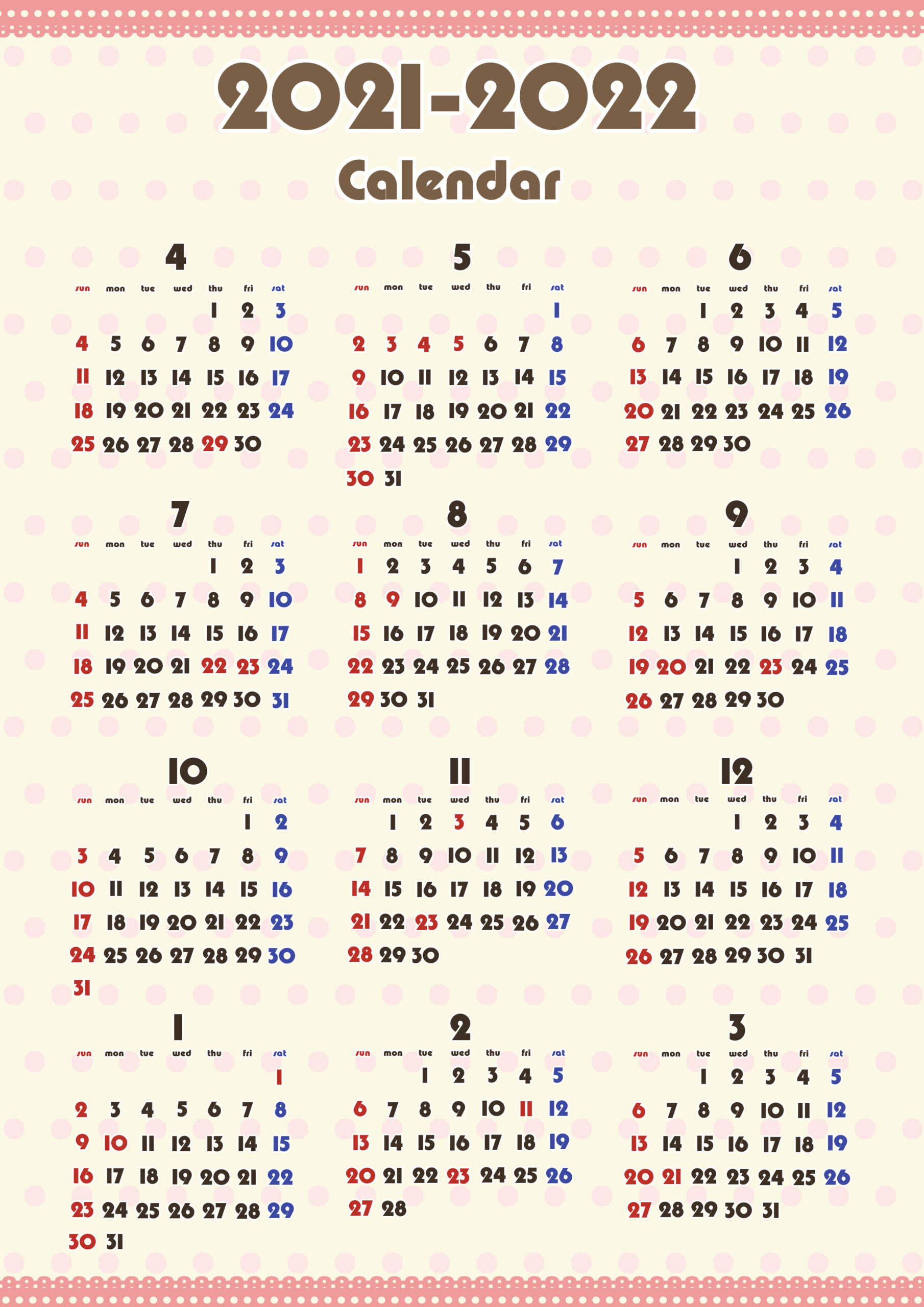 令和3年ガーリーデザイン 4月始まり 年間カレンダー 無料ダウンロード 印刷 かくぬる工房