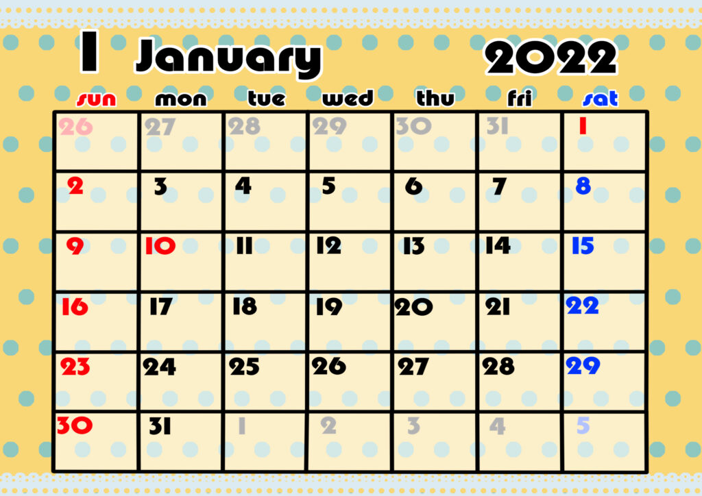 2021年月間カレンダー　かわいい　日曜始まり　令和4年1月