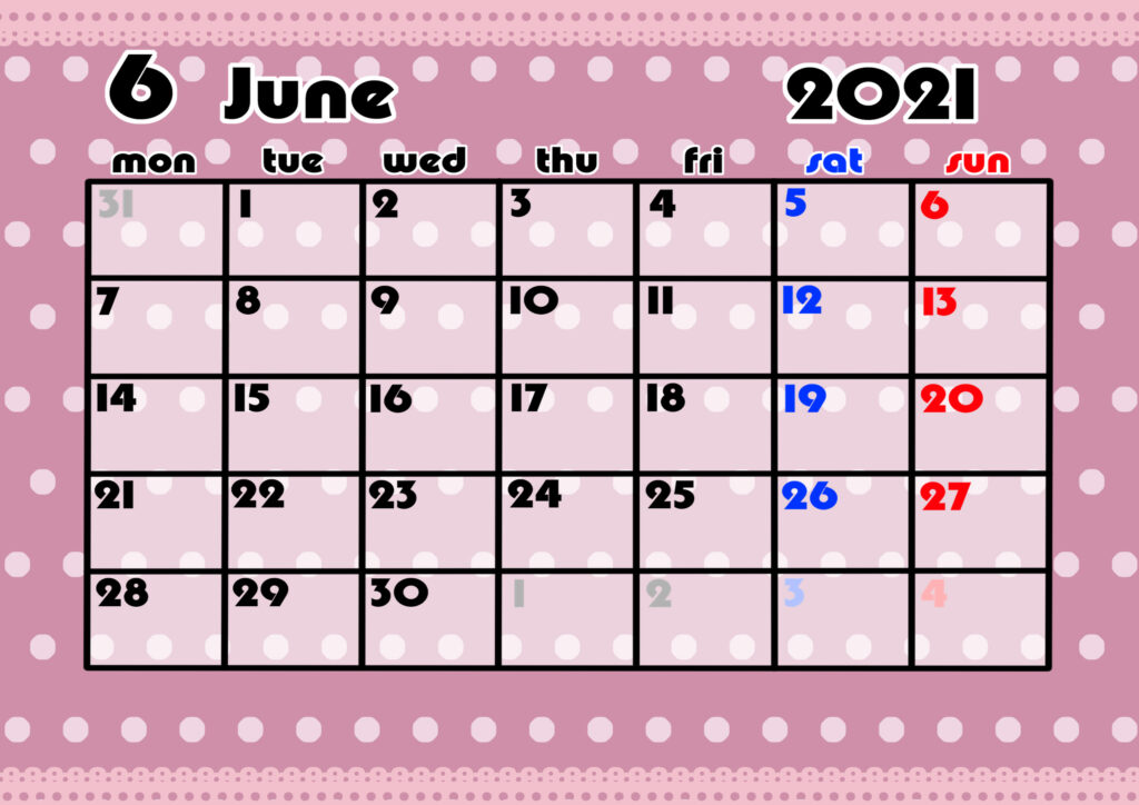 2021年月間カレンダー　かわいい　月曜始まり　令和3年6月