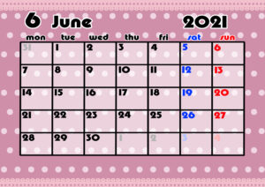 2021年月間カレンダー　かわいい　月曜始まり　令和3年6月