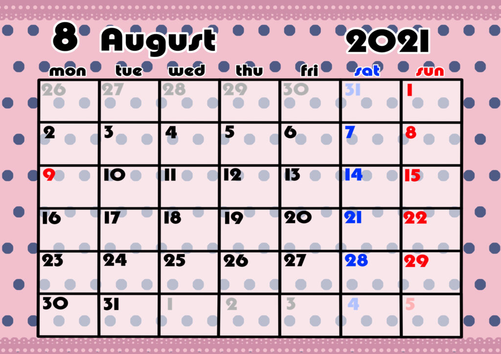 2021年月間カレンダー　かわいい　月曜始まり　令和3年8月