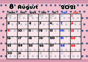 2021年月間カレンダー　かわいい　月曜始まり　令和3年8月