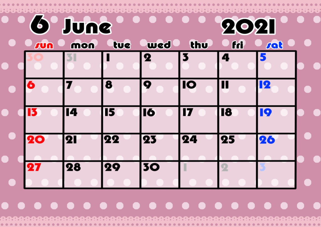 2021年月間カレンダー　かわいい　日曜始まり　令和3年6月