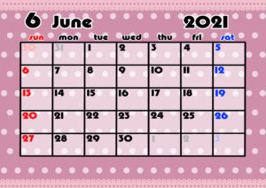 2021年月間カレンダー　かわいい　日曜始まり　令和3年6月