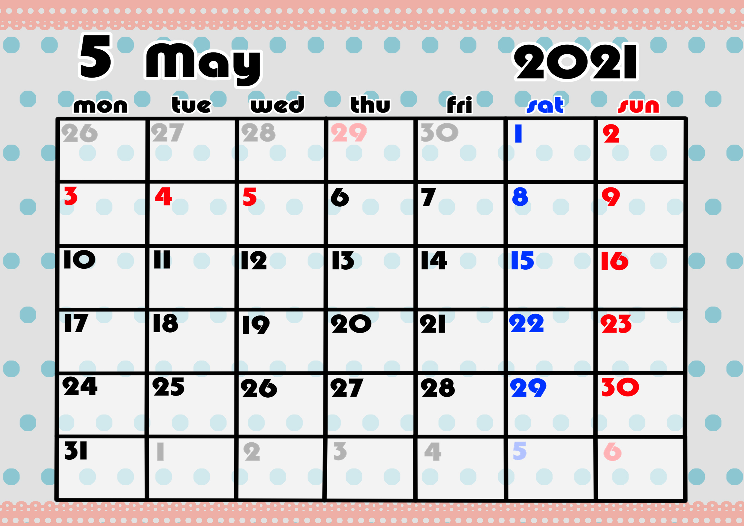21年ガーリー月間カレンダー 4月始まり 月曜始まり 無料ダウンロード 印刷 かくぬる工房
