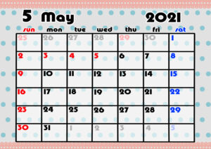 2021年月間カレンダー　かわいい　日曜始まり　令和3年5月