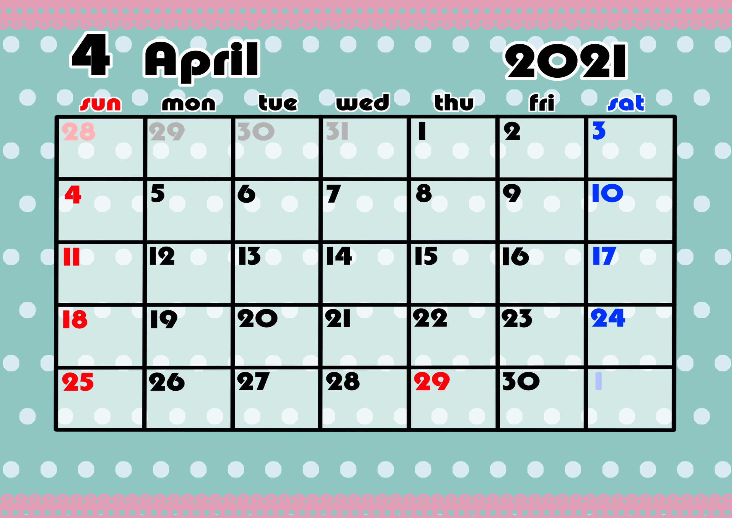 令和3年ガーリー月間カレンダー 4月始まり 日曜始まり 無料ダウンロード 印刷 かくぬる工房