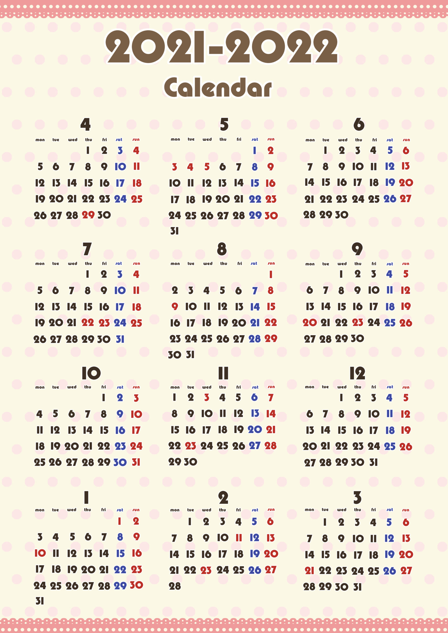 年間カレンダー 21 4月始まり