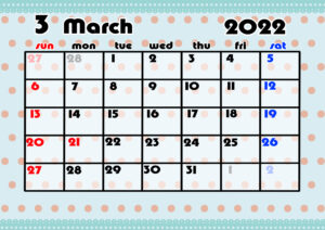 2021年月間カレンダー　かわいい　日曜始まり　令和4年3月