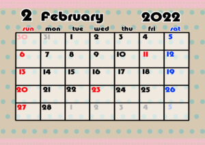 2021年月間カレンダー　かわいい　日曜始まり　令和4年2月