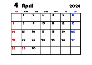 2024年　月間カレンダー月曜始まり　令和6年　背景透過シンプル　4月